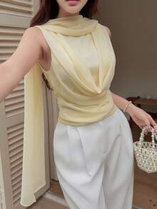 Feyla Women's Elegant Romantic Solid Color Lapel Sleeveless Blouse, Summer Wedding Tea Party Day Party Yellow - Apricot - View 4