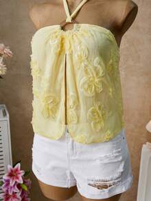 Femesol Women's Summer Beach Holiday Vacation Holiday Jacquard Twist Halter Top Yellow Boho - Light Yellow - View 5