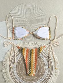 Swim Vcay Bộ đồ đi biển mùa hè 2 mảnh dành cho nữ, chất liệu vải dệt kim khoét lỗ có họa tiết, áo croptop buộc dây và quần dài, bộ bikini đi biển. - Nhiều màu - Xem 2