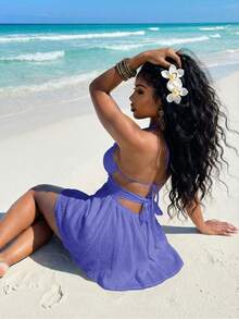 Vestido corto de mujer de crepé blanco con escote halter, encaje, parches y falda paraguas calada, versátil, casual y elegante, adecuado para vacaciones, viajes, playas, zonas coste - azul real - Ver 2