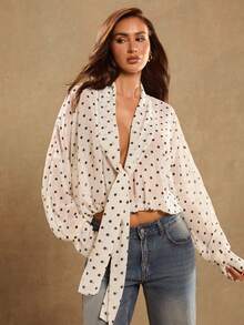 Glamine Áo kiểu Chiffon Jacquard, Áo sơ mi nữ màu trắng mỏng nhẹ, Áo kiểu tay dài dáng rộng, Áo sơ mi vải Jacquard - Đen và trắng - Xem 10