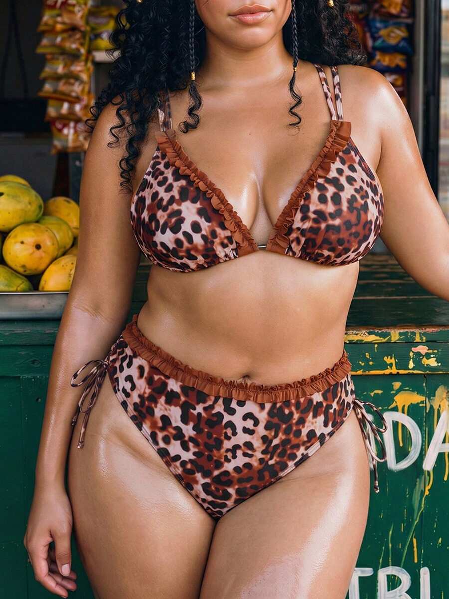 Swim Vcay Conjunto de traje de baño 2026 nuevo talla grande con estampado de leopardo, top tankini de escote en V profundo con tirantes ajustables de espagueti y espalda descubierta, y bragas de cintura alta con volantes y cordón, casual y sexy para playa y vacaciones - Multicolor - Ver 1