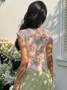 Sunnyshic 女士休闲甜美度假时尚百搭外出派对花卉网纱印花拼接撞色蕾丝边方领短袖修身短款T恤，夏季 - 粉色 - 查看 2