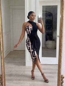 SHEIN Lady Plus Size Women Geometric Print Patchwork Color Block Open Slit Elegant Waist Fitted Party Holiday Dress Black Summer - Multicolor - View 2