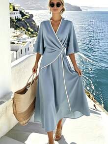 Breezaya Women's Elegant Vacation Style Contrast Trim Waist Dress, Spring/Summer - Blue - View 4