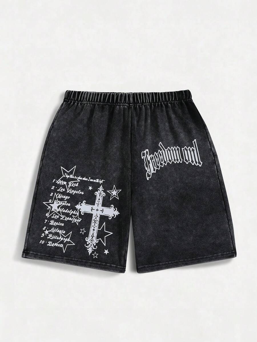 SHEIN 青少年男童休闲时尚街头风字母十字印花弹力腰水洗短裤,夏季 - 灰色 - 查看 1