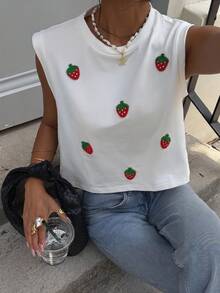 Siren Gaze Top de tirantes blanco sólido con bordado de fresa - Estilo elegante y refinado de chica dulce y suave, perfecto para el trabajo, los desplazamientos, las citas, los festivales occidentales y el uso casual de primavera/verano; Camiseta retro de estilo Y2K transpirable para clubes, gimnasio, festivales de música y atuendos diarios - Multicolor - Ver 5