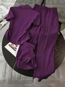 Franclia Embroidered Minimalist Women's Polo Collar T-Shirt + Pants Set, Gift For Friends - Purple - View 2