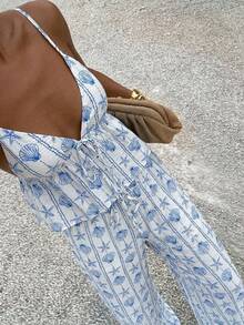 Aloruh Women's Summer Boho Tropical Holiday White Elegant Casual 2 Pieces Outfit, Shell Print Striped Tank Top And Long Pants Beach Vacation 2pcs Set - Blue and White - View 3