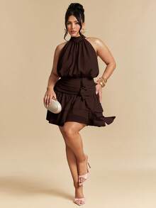 SHEIN BAE Plus Size Solid Color Ruffle Neck Pleated Fashion Date Birthday Cocktail Evening Tea Party Dress Brown Summer Elegant - Brown - View 4