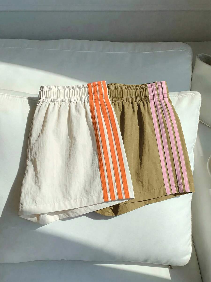 Comfortcana 2 chiếc quần short thể thao nữ dáng rộng, cạp chun, kẻ sọc bên hông, thích hợp cho mùa tựu trường. - Nhiều màu - Xem 1