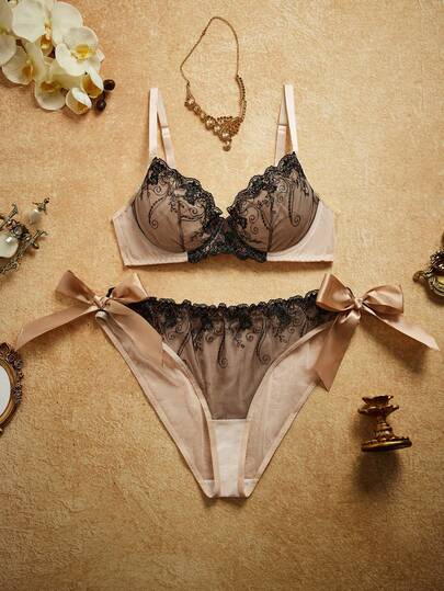2pcs Underwire Padded Bra Set, Push-Up, Color Blocking, Embroidery, Satin, Bow Tie, Retro, Romantic, Plus Size