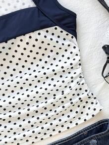 SHEIN Áo thun nữ tuổi teen mùa hè, kiểu dáng trơn, xếp ly hai bên. - Đen và trắng - Xem 5