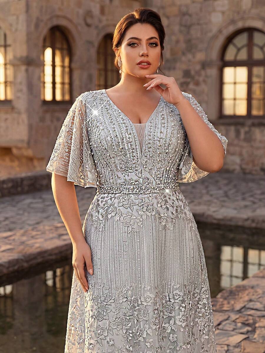 Serin Đầm cưới dáng chữ A sang trọng, tay bồng, màu xám, cỡ lớn, đính sequin và kim sa lấp lánh, phù hợp cho đám cưới, tiệc tùng, các dịp trang trọng, hoặc dành cho mẹ cô dâu.