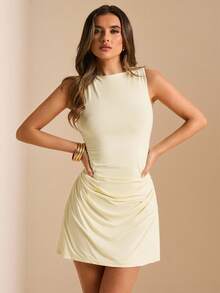 SHEIN BAE Women's Minimalist Sexy Knit Sleeveless Round Neck Waist Ruched A-Line Mini Dress Elegant Summer Dresses For Women Going Out Pale Yellow - Light Yellow - View 1