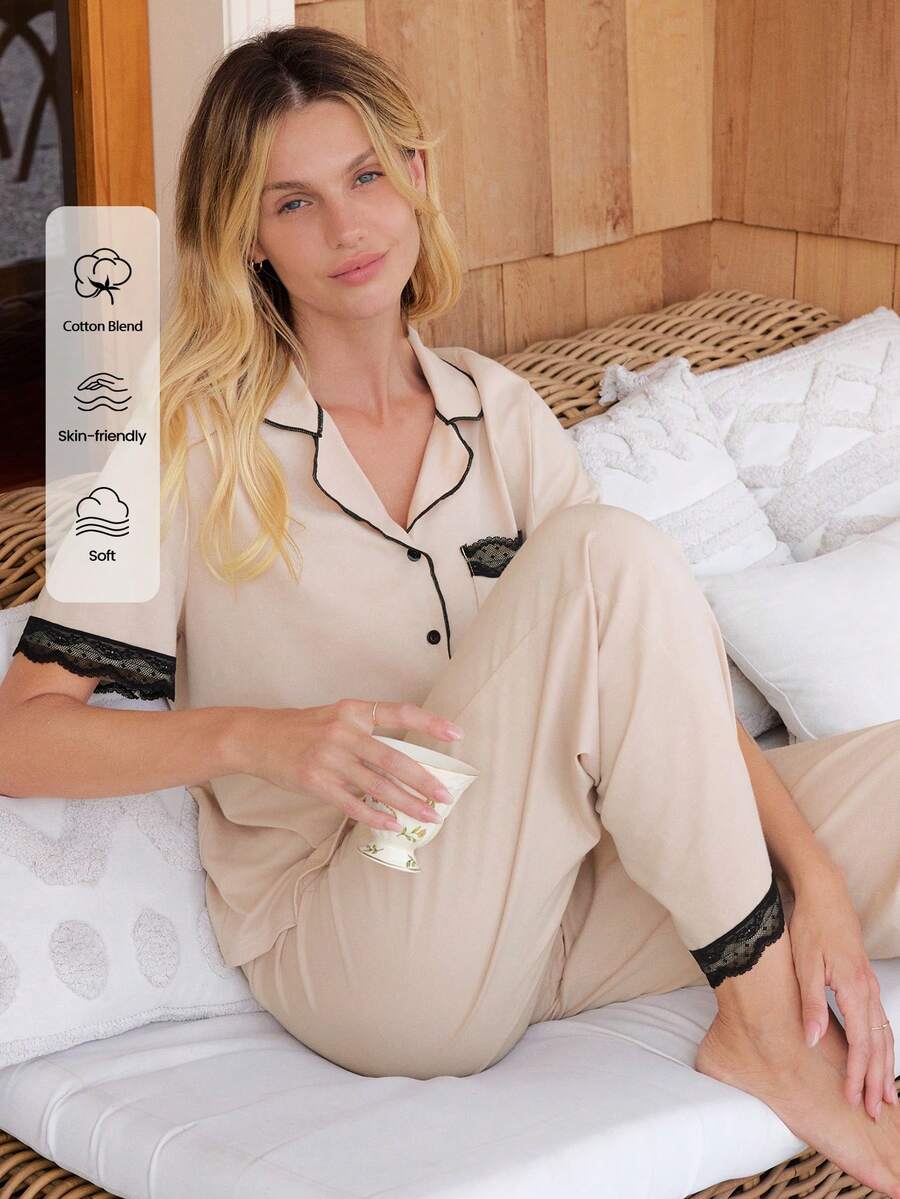 Doze Lane 女士蕾丝睡衣套装，性感轻薄短袖长裤，夏季睡衣 - 卡其色 - 查看 1