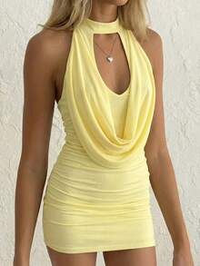 Nuevo vestido mini ajustado sin mangas con cuello asimétrico drapeado de malla para mujeres jóvenes sexy en color marrón, adecuado para mujeres, fiestas, bodas, vacaciones, unicolor - Amarillo claro - Ver 7
