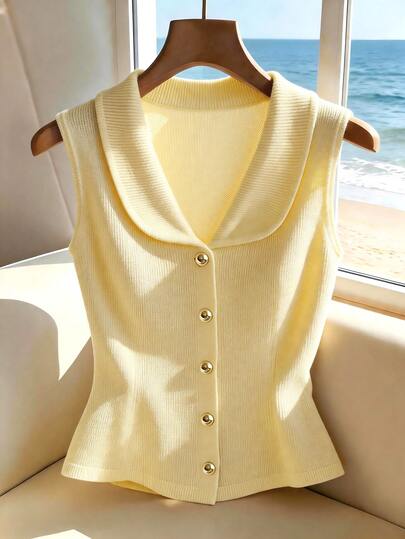 SHEIN Franclia Áo dệt kim không tay cổ bẻ thanh lịch, kiểu dáng mới, thích hợp cho công sở, màu vàng nhạt dành cho nữ, trang phục đi nghỉ hè, áo không tay ôm dáng kiểu Pháp thời trang, món đồ thiết yếu cho mùa hè, tôn lên vẻ quyến rũ nữ tính. Thích hợp cho kỳ nghỉ hè. Áo hai dây màu vàng nhạt cho nữ, áo kiểu và áo sơ mi nữ, trang phục công sở nữ, đồng phục văn phòng thanh lịch cho nữ, áo sơ mi nữ, áo sơ mi cao cấp thanh lịch cho nữ, áo khoác nữ, váy không tay, áo không tay thanh lịch cho nữ, áo màu vàng cho nữ, áo màu vàng kem.