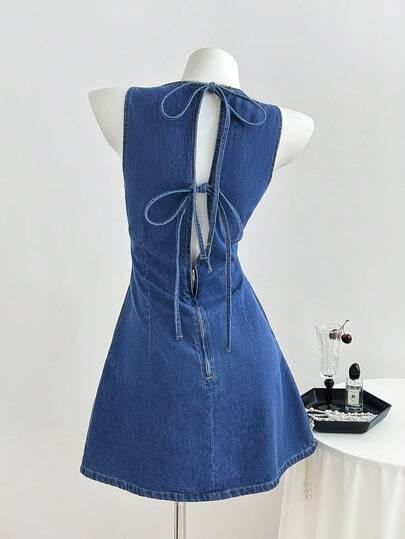 Elamini Đầm denim xanh khoét lỗ thời trang dã ngoại dành cho nữ, cài nút và thắt nơ, thích hợp cho mùa xuân/hè.