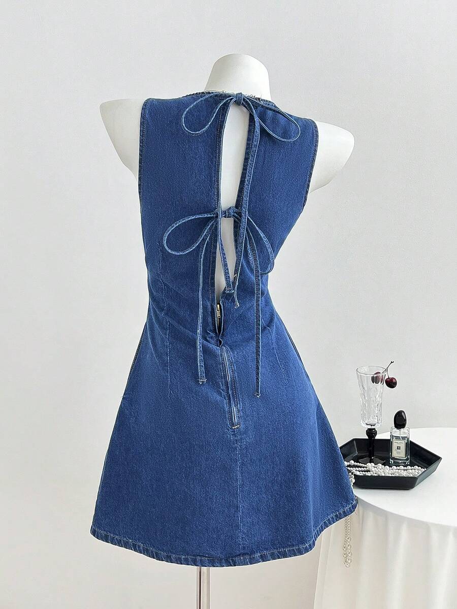 Elamini Đầm denim xanh khoét lỗ thời trang dã ngoại dành cho nữ, cài nút và thắt nơ, thích hợp cho mùa xuân/hè. - Rửa trung bình - Xem 1
