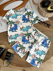 LMoss Kids Bộ đồ ngủ 2 món họa tiết khủng long cho bé trai, gồm áo thun bó sát và quần short. - Nhiều màu - Xem 3