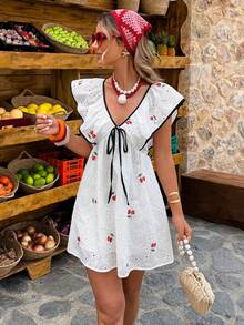 Flora Isola Flora Isola Standard Size Women's Spring/Summer Contrast Color Tie Waist Textured Fabric Cherry Print A-Line Dress - Multicolor - View 5