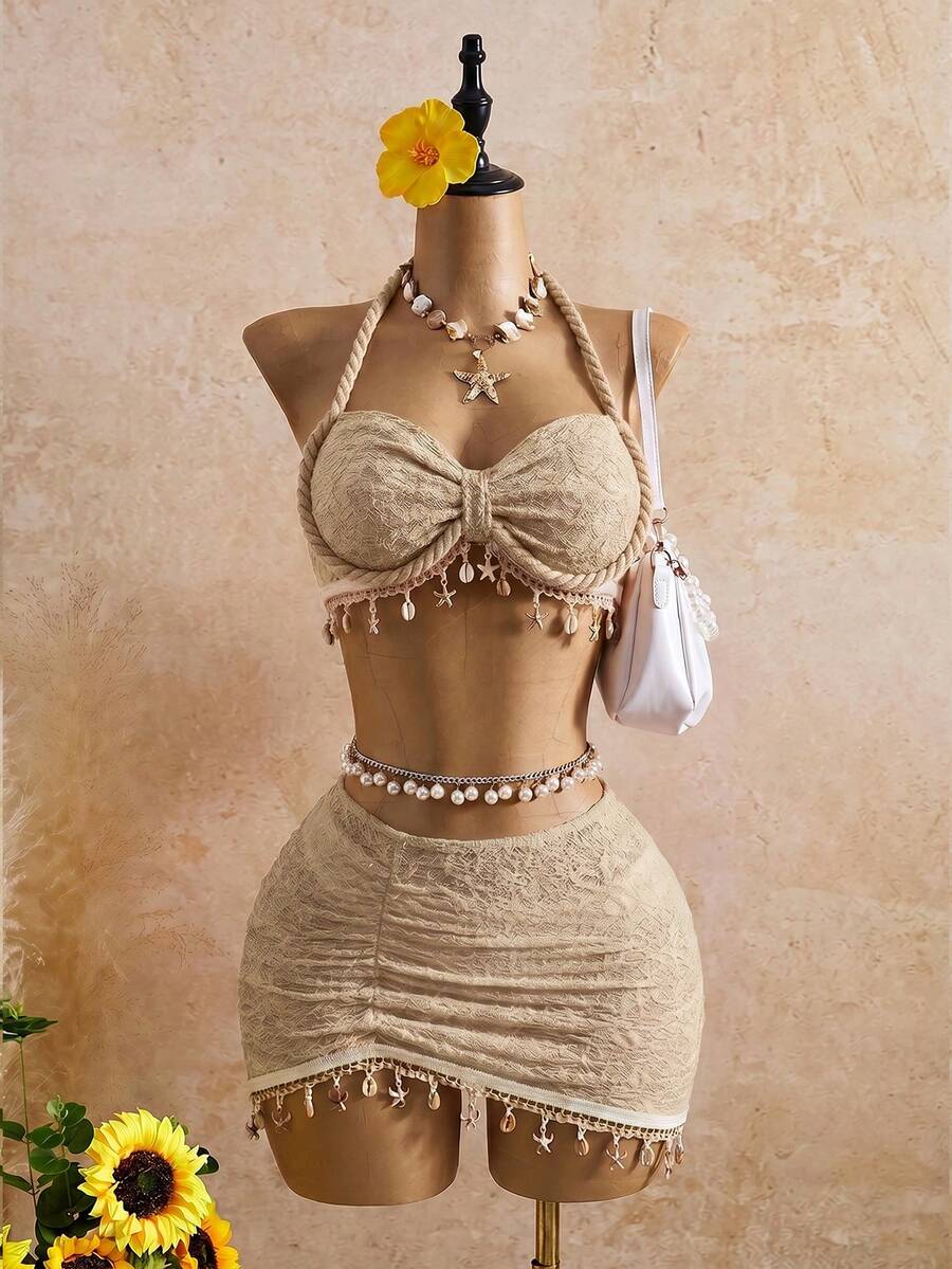 Bellisia Model Terbaru Pakaian Renang Wanita dengan Tali Halter Model Tali Kepang, Pakaian Pantai dengan Aksesoris Laut, Set 3 Potong Baju Renang Warna Beige untuk Musim Semi, Musim Panas, dan Musim Gugur - Khaki - View 1