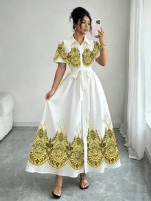 Elenzga Women's Elegant Gold Foil Print Front Button Long Dress - White - View 3