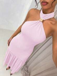 xheSHEIN Glamour Vestido elegante con cuello halter vintage para resaltar los hombros y el cuello, diseño sin espalda que destaca la belleza de la espalda, silueta de parte superior ajustada + falda plisada de cintura alta, tela elástica de la parte superior que se ajusta cómodamente a la figura, material plisado y liviano de la falda con excelente caída y fluidez para un movimiento dinámico, vestido formal largo para mujeres adecuado para galas, banquetes, alfombras rojas, citas y talla grandexhe - Rosa - Ver 4
