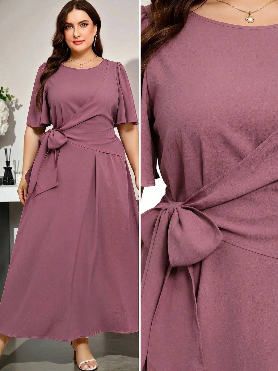 Modelyn Plus Size Summer Elegant Solid Color Round Neck Side Tie Short Sleeve Dress - Dusty Pink - View 1