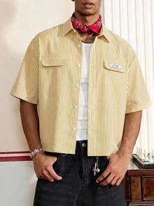 NORVETH Men's Casual Striped Short Sleeve Shirt, Summer - Yellow - View 4