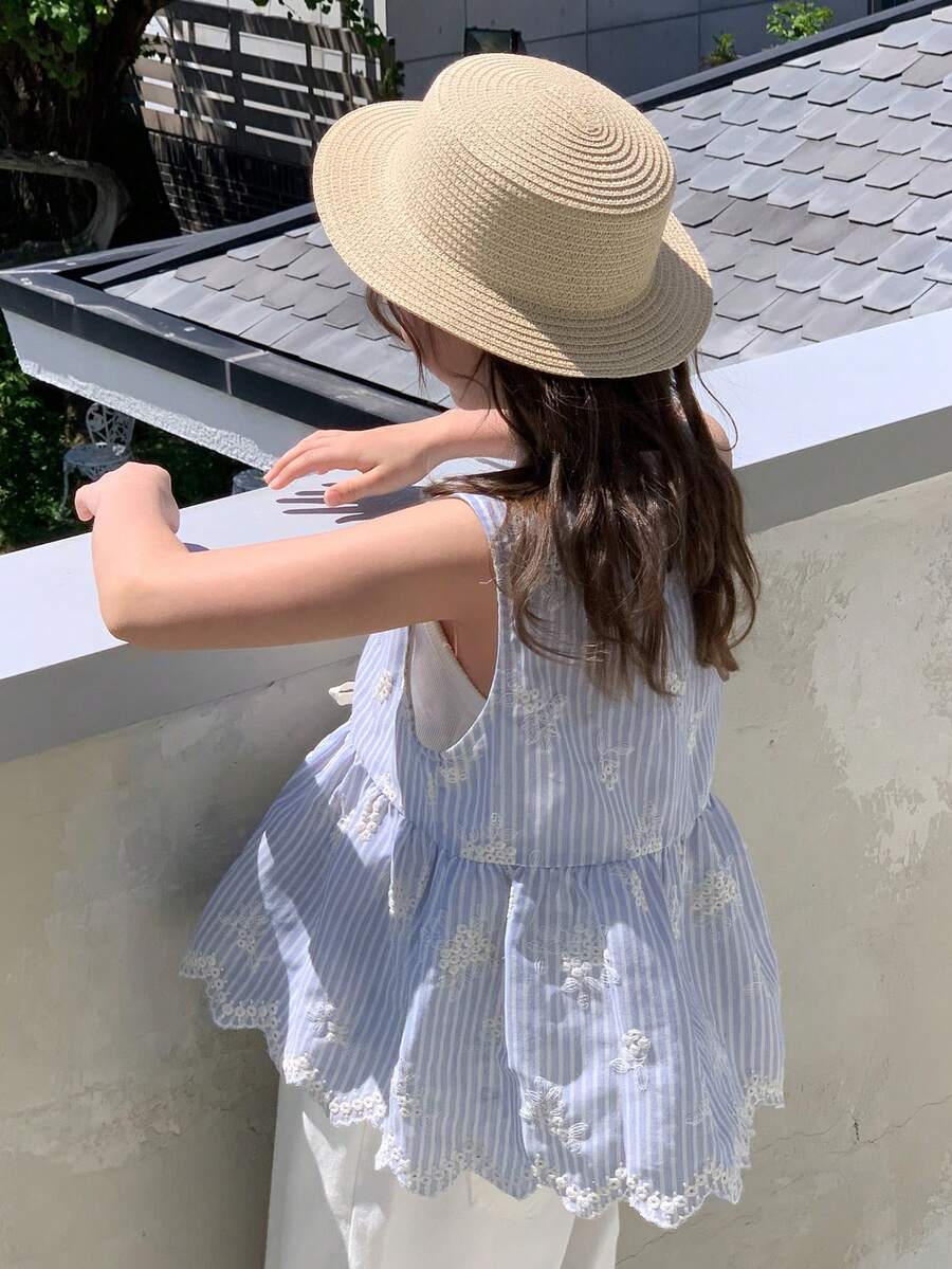 Dazy Kids 少女夏季休闲条纹刺绣无袖衬衫 - 藍色 - 查看 1