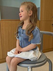 Dazy Kids Áo khoác denim ngắn tay phồng cổ vuông dễ thương cho bé gái (size nhỏ) - Rửa trung bình - Xem 6