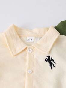 SHEIN Playful Pals 2件組男嬰純色紋理POLO領刺繡動物上衣與短褲套裝 橄欖綠 夏季休閒 親子穿搭 百搭款 - 彩色 - 查看 7
