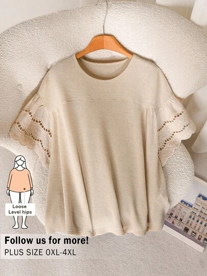 CosyJoli Plus Size Women's Snowflake Print T-Shirt, Casual Ladies Top, Apricot Top, Cute Ruffle Sleeve Top, Women's Short Sleeve Blouse, Summer Casual Shirt, Outdoor Wear