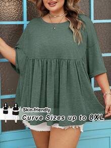 SHEIN CURVE+ Curve 尺码 US22 音乐节、海滨度假、波西米亚风女士超宽松弹力娃娃衫 T 恤 - 墨綠色 - 查看 8