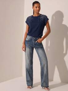 Lilora Camiseta elegante de mujer con adornos de strass, azul marino - Azul Marino - Ver 4