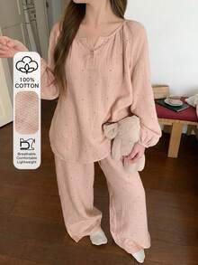 DAZY 两件套女士波点印花雪纺宽松灯笼袖睡衣套装 - 粉色 - 查看 1