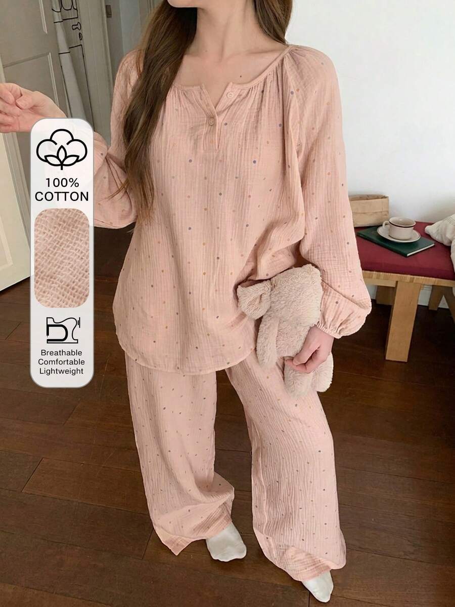 DAZY 两件套女士波点印花雪纺宽松灯笼袖睡衣套装 - 粉色 - 查看 1