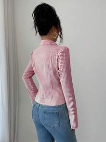 SHEIN 法式修身蓝白条纹优雅通勤长袖女式衬衫 - 酒紅色 - 查看 2