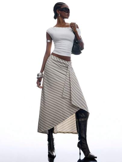 LYSMO Women's Asymmetric Hem Striped Casual Skirt