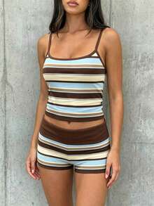 SHEIN EZwear 夏季撞色滚边修身吊带背心和短裤套装 - 彩色 - 查看 3