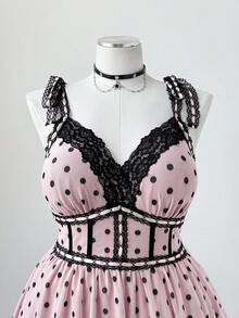 Sunspun Plus Size Women's Polka Dot Lace Print Sexy Sweet Dress - Pink - View 4