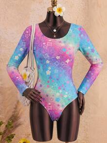 SHEIN Traje de baño de una pieza con degradado de color de moda para adolescentes, adecuado para nadar, vacaciones, playa de verano, ropa de baño para niños, vacaciones de verano - Multicolor - Ver 1