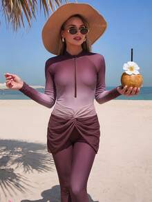 Swim Shayni Bộ bikini hai mảnh Burkini dành cho nữ, gồm áo kiểu ombre có khóa kéo, phần thân áo xếp ly thắt nút và quần legging bó sát. - Màu Đỏ Sâu - Xem 6