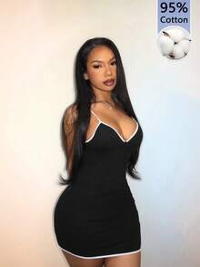 Amplova Đầm mini ôm sát hở lưng cúp tam giác đen trắng cho nữ, trang phục sexy đi club, đi chơi đêm, mùa hè, lễ hội, đi biển, sinh nhật, mặc thường ngày - Đen và trắng - Xem 5