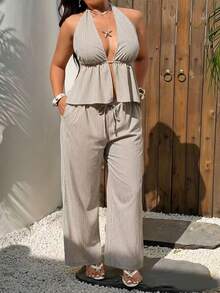 Sunnyshic Plus Size Striped Camisole And Pants 2 Pieces Set, Vacation Style - Multicolor - View 3