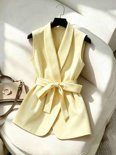 Franclia 2026 Spring & Summer New Arrival Women's Cream Yellow Blazer Vest, Tie Waist Mid-Length A-Line Silhouette Commuter Elegant Sleeveless Coat, French Style Blazer Vest, Cream Yellow Tie Waist Draped Wrinkle-Resistant Intellectual Mid-Length Sleeveless Outerwear, Women's Blazer Vest, Tie Waist Waistcoat Coat, Elegant Commuter Vest, Smart Casual Business Outfit, Casual Versatile Outerwear, Lapel Blazer Vest, Cream Yellow Vest, Cream Yellow Blazer Coat, All-Season Wear Women's Outerwear, Elegant Blazer Coat, Women's Social Outerwear, Formal Outerwear, Women's Work Blazer Coat, Women's Commuter Outerwear, Hem Blazer Vest, Festival Blazer Coat, Yellow Blazer Coat, Yellow Blazer Vest, Women's Casual Thin Blazer Coat, Formal Blazer Coat, Office Commuter Blazer Coat, Daily Outerwear