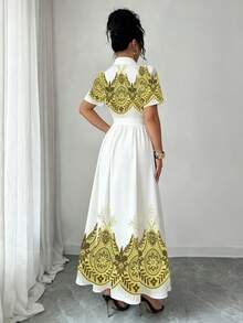 Elenzga Women's Elegant Gold Foil Print Front Button Long Dress - White - View 2