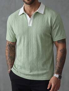 Manfinity Homme Men's Polo Shirt,Grey,Autumn,Smart Casual,Golf,Contrast Color Casual Knit,Old Money Diamond Pattern Textured Short Sleeve Top,Retro Fashionable Style - Green - View 6